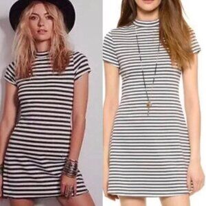 ☀️ FREE PEOPLE BEACH Gray & White Striped Knit Mini Shirt Dress Small Mock Neck